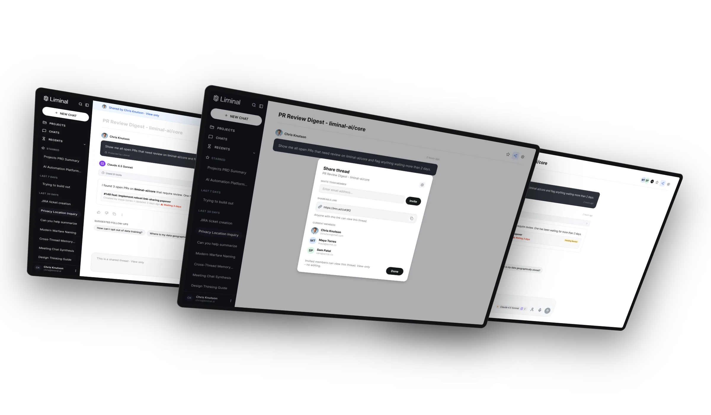 Liminal thread sharing: a view-only recipient screen, the Share thread modal with invited members and a link, and the owner view with a shared-members avatar stack.