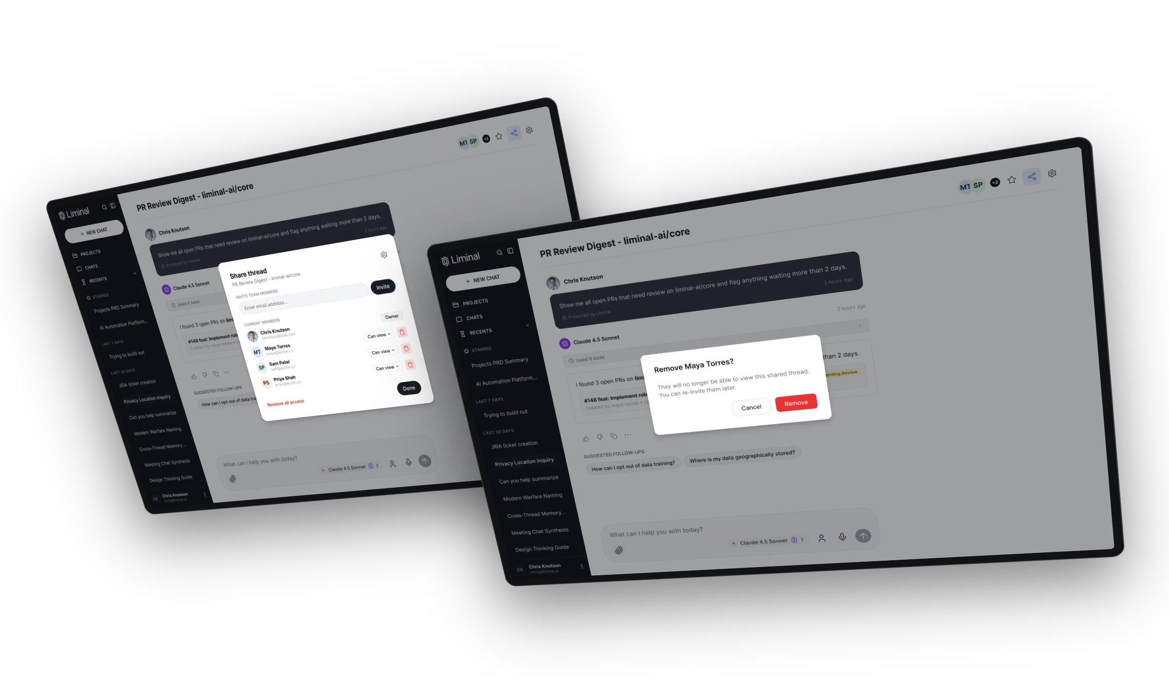 Managing a shared thread: the member list with per-person access and Remove all access, and a confirmation before removing one member.