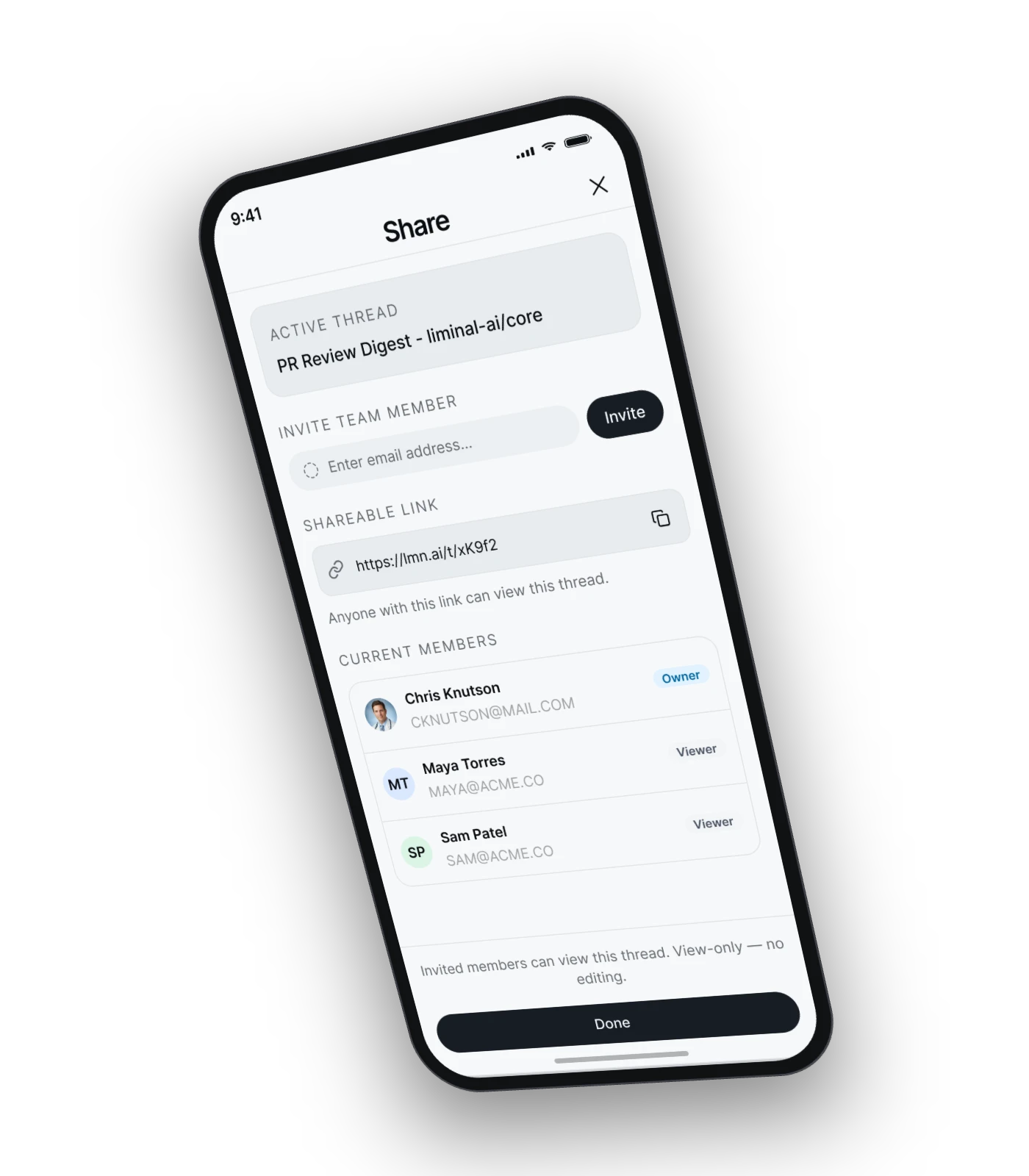 Liminal mobile share sheet with invite by email, a view-only link, and current members.