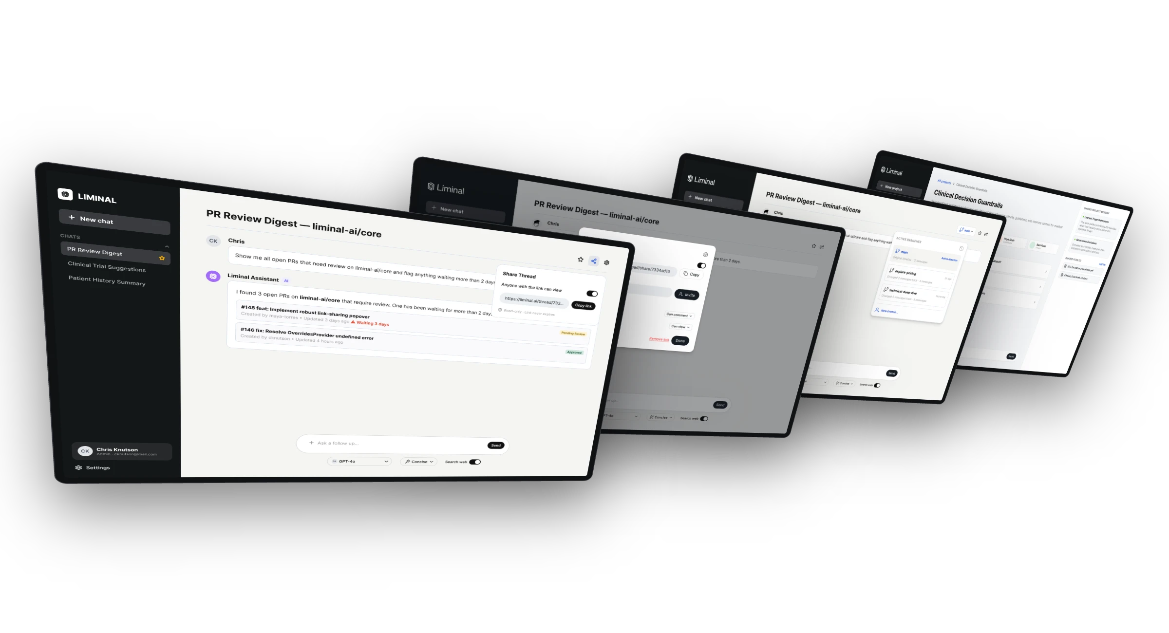 Four sharing explorations in Liminal: a link-only share popover, a full share dialog with permissions, a thread branch explorer, and a shared project workspace.